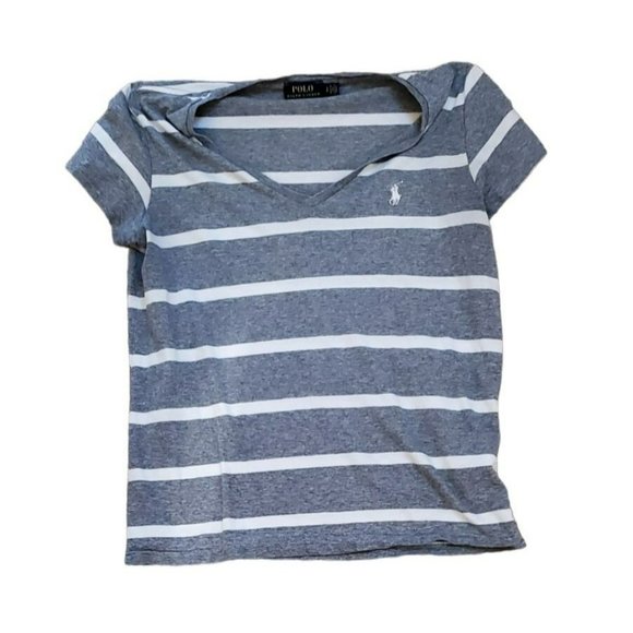 Polo Ralph Lauren Gray White Striped Women's Petite Iconic Logo T Shirt Small - Picture 1 of 4